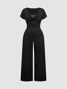 SHEIN MOD 大尺碼女款蕾絲荷葉邊休閒日常短袖連身褲 - 黑色 - 查看 4