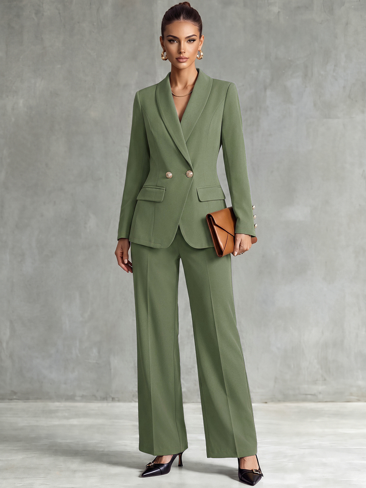 Franclia Apricot Colored Long Sleeve Notched Lapel Women Suit Set Fall Cloth For Women - Green - View 3