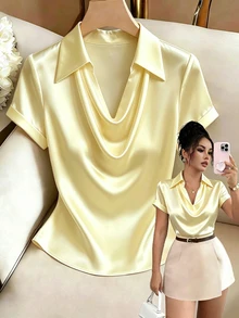 SHEIN Franclia 女款優雅休閒純色緞面垂領短袖襯衫，適合辦公室工作、居家、教師節，淡黃色夏季款 - 淡黃色 - 查看 5