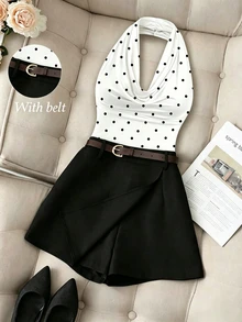 Franclia Casual Fashion Commuter Versatile Solid Color Pleated Halterneck Halter Neck Top Paired With Black Skort (Includes Belt) 2-Piece Set - White - View 4