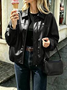 SHEIN PariChic 新款休閒日常通勤女款夾克，翻領設計、落肩版型與百褶下擺 - 黑色 - 查看 7