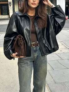 SHEIN PariChic 新款休閒日常通勤女款夾克，翻領設計、落肩版型與百褶下擺 - 黑色 - 查看 2