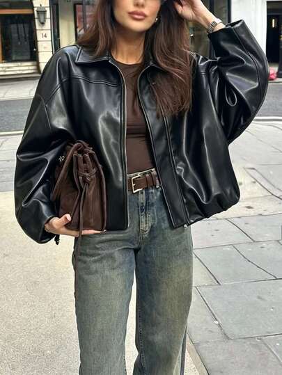 SHEIN Struktiv New Casual Daily Commute Women's Jacket With Lapel Collar, Dropped Shoulders And Pleated Hem