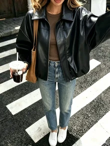 SHEIN PariChic 新款休閒日常通勤女款夾克，翻領設計、落肩版型與百褶下擺 - 黑色 - 查看 4