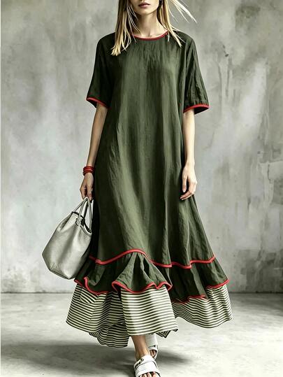 SHEIN Holidaya Women's Olive Green Patchwork Ruffle Long Dress Brunch Vacation Summer Casual