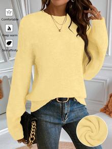 SHEIN [محتوى صوف 5%] كنزة صوفية محبوكة للنساء، نسخة مطورة فاخرة جديدة للخريف/الشتاء، بلون أصفر فاتح، بياقة دائرية، فضفاضة، بتصميم بسيط، بأكتاف منسدلة، مناسبة للعطلات والارتداء اليومي والعمل والتنقل - Butter Yellow - مشاهدة 1
