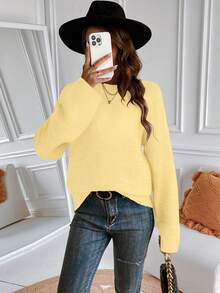 SHEIN [محتوى صوف 5%] كنزة صوفية محبوكة للنساء، نسخة مطورة فاخرة جديدة للخريف/الشتاء، بلون أصفر فاتح، بياقة دائرية، فضفاضة، بتصميم بسيط، بأكتاف منسدلة، مناسبة للعطلات والارتداء اليومي والعمل والتنقل - Butter Yellow - مشاهدة 6