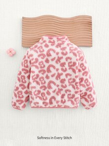 SHEIN Young Girls Hoodie & Sweatshirt Co-Ords, Casual Versatile Pink Leopard Print Fleece Plush Stand Collar Long Sleeve Open Front Top, Suitable For Young Girl Autumn/Winter - Pink - View 2