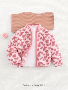 SHEIN Young Girls Hoodie & Sweatshirt Co-Ords, Casual Versatile Pink Leopard Print Fleece Plush Stand Collar Long Sleeve Open Front Top, Suitable For Young Girl Autumn/Winter - Pink - View 3