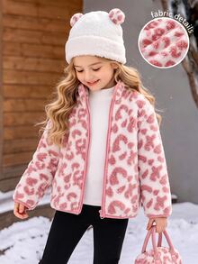 SHEIN Young Girls Hoodie & Sweatshirt Co-Ords, Casual Versatile Pink Leopard Print Fleece Plush Stand Collar Long Sleeve Open Front Top, Suitable For Young Girl Autumn/Winter - Pink - View 1