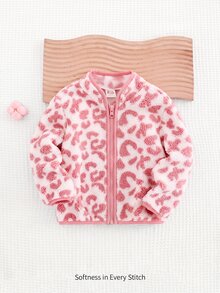 SHEIN Young Girls Hoodie & Sweatshirt Co-Ords, Casual Versatile Pink Leopard Print Fleece Plush Stand Collar Long Sleeve Open Front Top, Suitable For Young Girl Autumn/Winter - Pink - View 4