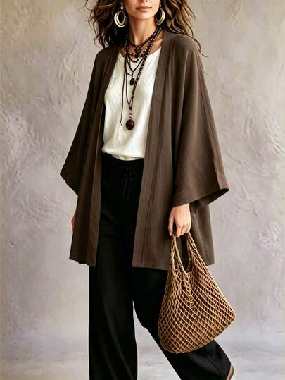 SHEIN Autumn, Casual, Brown Loose Jacket, Daily Wear, Holiday Wear, Women's Regular Jacket