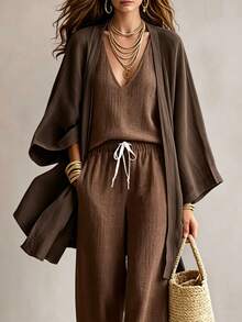 SHEIN Autumn, Casual, Brown Loose Jacket, Daily Wear, Holiday Wear, Women's Regular Jacket - Brown - View 6