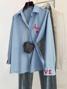 Franclia Classic French Casual Striped Long Sleeve Shirt, Exquisite Embroidered Pattern, Loose Comfortable Fit Day Time Everyday Blue Autumn - Blue - View 3