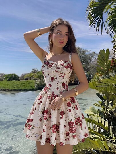 SHEIN MOD Women's Summer Elegant Floral Print Spaghetti Strap Short Dress,Retro Dresses For Woman,Party, Picnic, Evening Dress