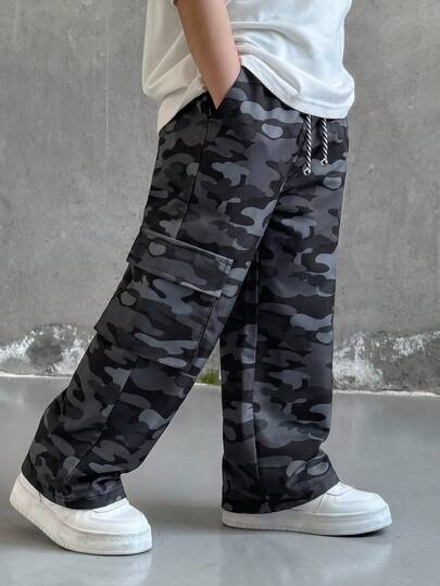 SHEIN Little Byeori 1pc Young Boy Casual Sports Cute Daily Comfortable Street Style Versatile Camo Print Straight Leg Long Pants, Suitable For Outings, School, Daily Gatherings, All Seasons, Back To School, Fall