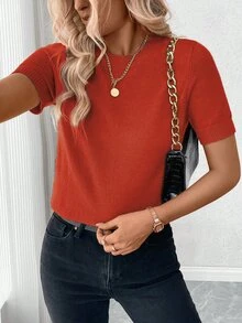 Pariaura Casual Solid Color Short Sleeve Knit Top - Red - View 7