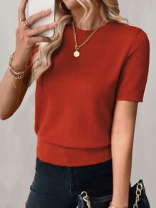 Pariaura Casual Solid Color Short Sleeve Knit Top - Red - View 1
