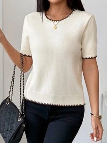 SHEIN White Women's Crew Neck Contrast Binding Short Sleeve Knit Top For Spring Summer Daily Commuter Wear - Beige - View 8