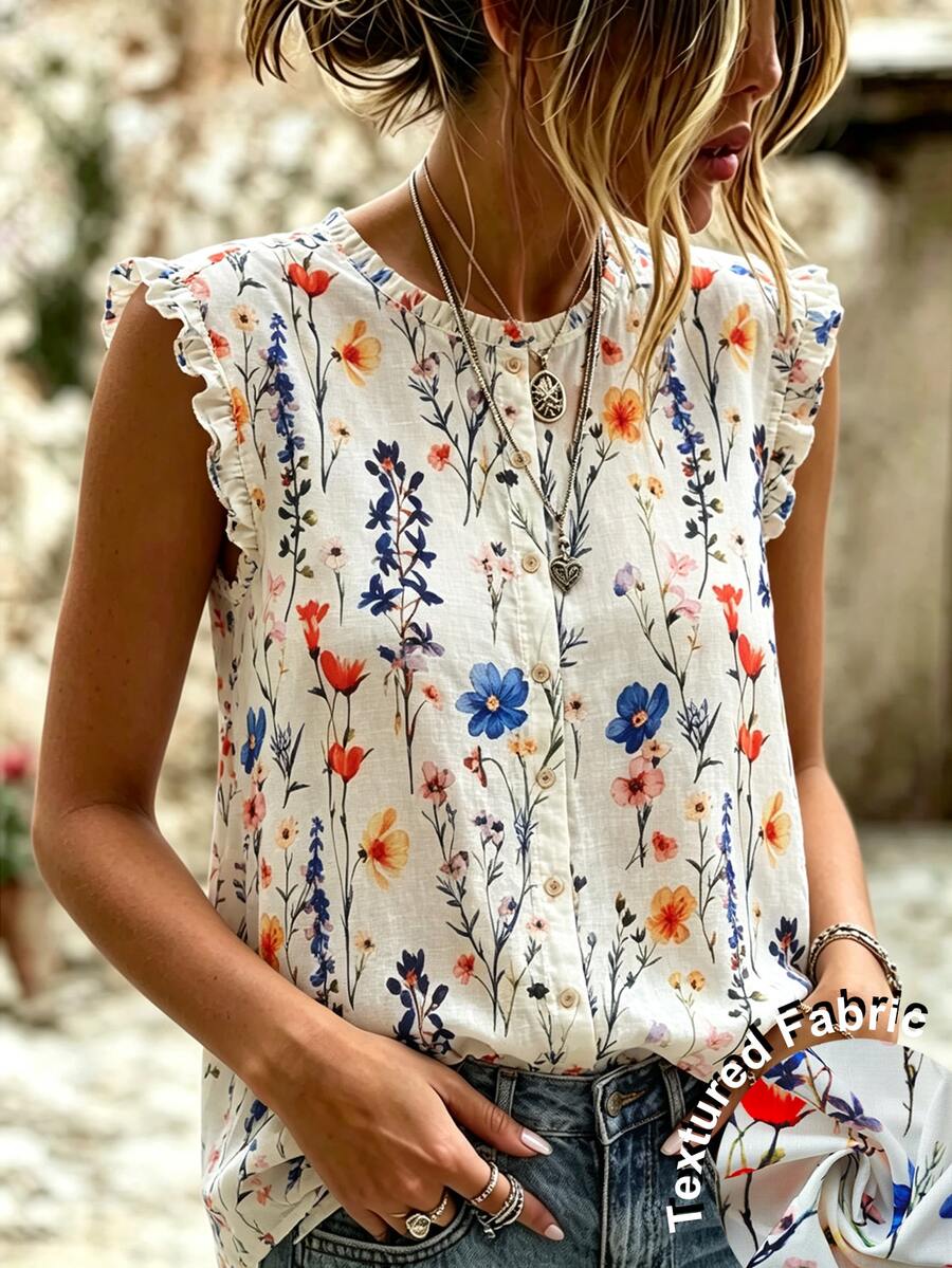 SHEIN Rosurelle 女款春夏法式復古荷葉邊圓領單排扣無袖襯衫，寬鬆休閒百搭風格，適合通勤/下午茶約會/日常街頭穿搭
