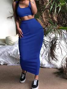 VaVaBold Women's Solid Color Cropped Tank Top And Skirt Casual Sexy Two Pieces Set Club Vacation Royal Blue Summer Concert Outfits Going Out Outfits Party - Royal Blue - View 6