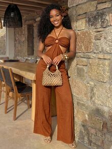 BamGleam Women's Solid Color Ring Connect Cutout Design Halter Neck Jumpsuit For Vacation - Burnt Orange - View 8
