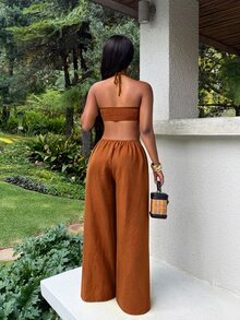 BamGleam Women's Solid Color Ring Connect Cutout Design Halter Neck Jumpsuit For Vacation - Burnt Orange - View 2