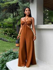 BamGleam Women's Solid Color Ring Connect Cutout Design Halter Neck Jumpsuit For Vacation - Burnt Orange - View 5