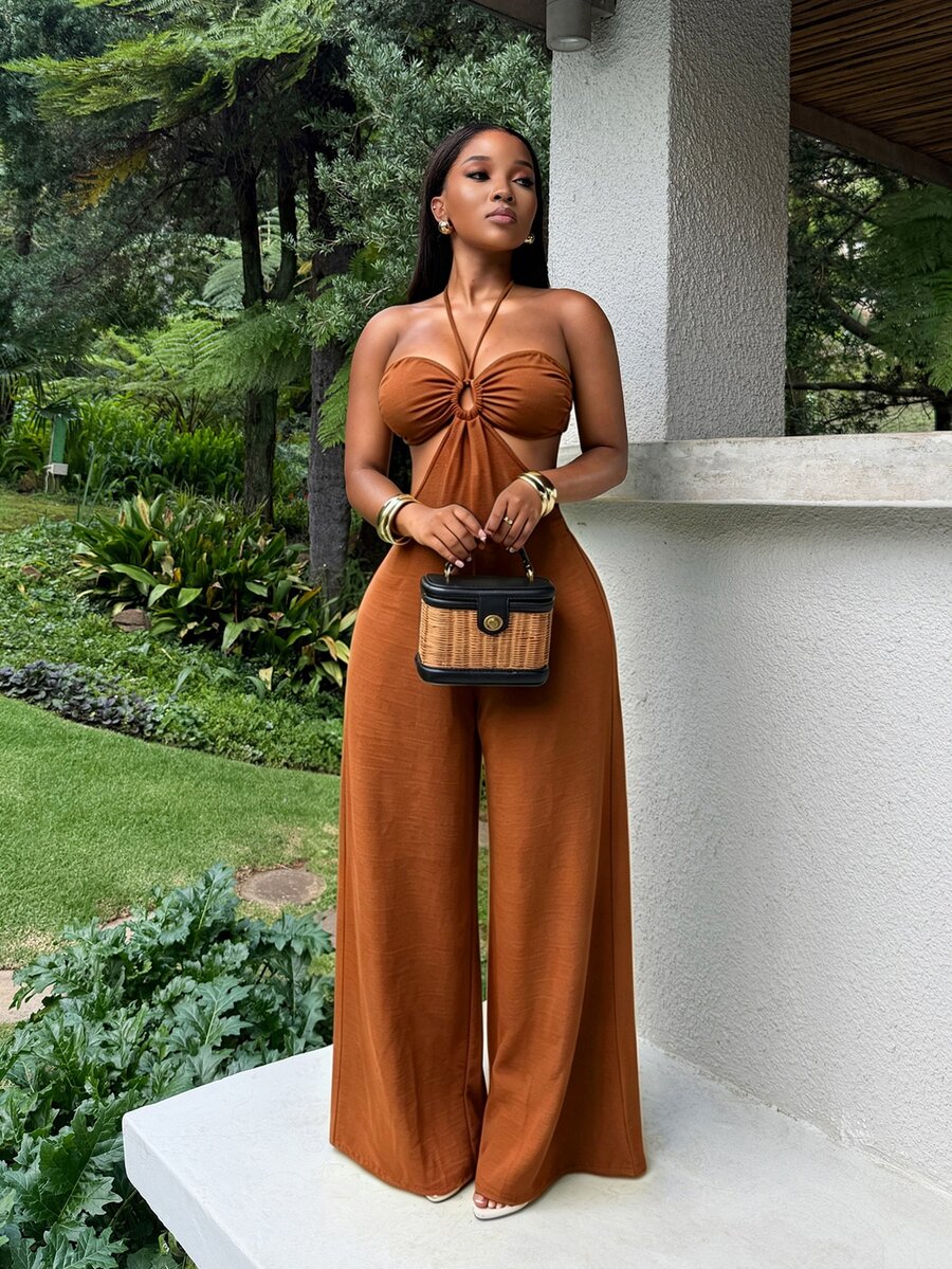 BamGleam Women's Solid Color Ring Connect Cutout Design Halter Neck Jumpsuit For Vacation - Burnt Orange - View 1