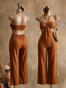 BamGleam Women's Solid Color Ring Connect Cutout Design Halter Neck Jumpsuit For Vacation - Burnt Orange - View 3