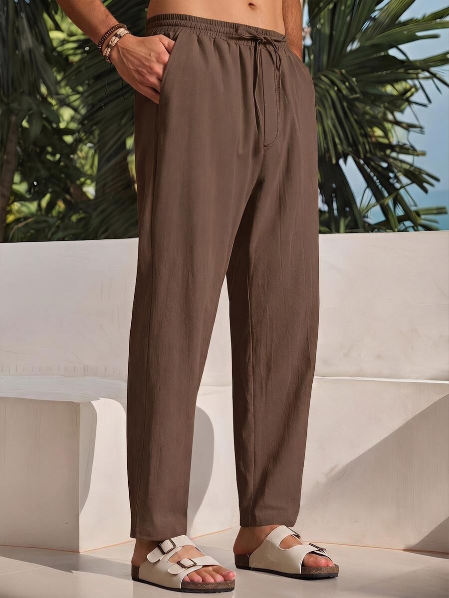 HIMLAND Men's Woven Fashion Casual Business Solid Color Long Pants - Coffee Brown - View 1