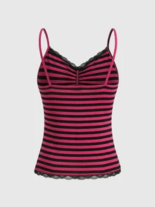 ROMWE Summer Casual Lace Trim Striped Camisole - Hot Pink - View 2
