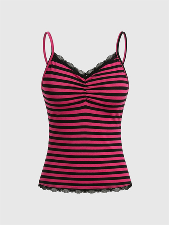 Summer Casual Lace Trim Striped Camisole