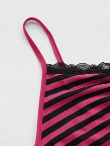 ROMWE Summer Casual Lace Trim Striped Camisole - Hot Pink - View 4