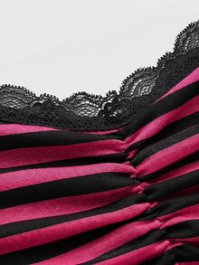 ROMWE Summer Casual Lace Trim Striped Camisole - Hot Pink - View 3