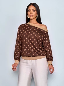 SOLERSUN Women's Casual Street Dark Brown Geometric Print Asymmetrical Open Shoulder Loose-Fit Ribbed-Trim Sweatshirt City Break Everyday Autumn - Brown - View 5