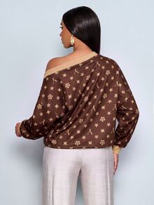 SOLERSUN Women's Casual Street Dark Brown Geometric Print Asymmetrical Open Shoulder Loose-Fit Ribbed-Trim Sweatshirt City Break Everyday Autumn - Brown - View 3