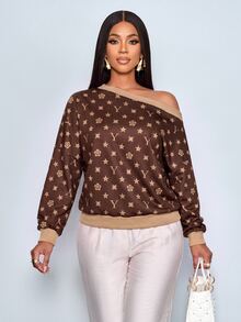 SOLERSUN Women's Casual Street Dark Brown Geometric Print Asymmetrical Open Shoulder Loose-Fit Ribbed-Trim Sweatshirt City Break Everyday Autumn - Brown - View 8