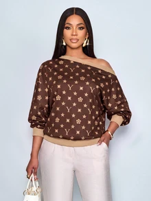 SOLERSUN Women's Casual Street Dark Brown Geometric Print Asymmetrical Open Shoulder Loose-Fit Ribbed-Trim Sweatshirt City Break Everyday Autumn - Brown - View 7