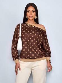 SOLERSUN Women's Casual Street Dark Brown Geometric Print Asymmetrical Open Shoulder Loose-Fit Ribbed-Trim Sweatshirt City Break Everyday Autumn - Brown - View 2