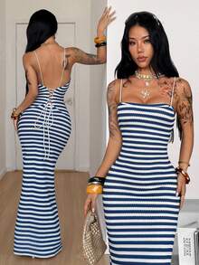Coolane Light Blue Striped Textured Knit Date Night Vacation Outfits,Waist-Cinched Split Backless Long Dress,Vacation Outfits,Holiday Outfits,Summer Clothes - Blue and White - View 6
