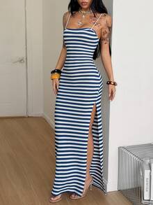 Coolane Light Blue Striped Textured Knit Date Night Vacation Outfits,Waist-Cinched Split Backless Long Dress,Vacation Outfits,Holiday Outfits,Summer Clothes - Blue and White - View 5