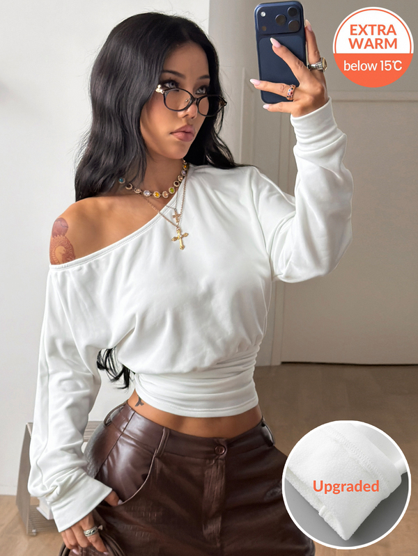 Coolane Women's Autumn Casual Going Out Daily Wear With Fleece Basic Asymmetrical Neck Waist-Cinched Stretchy Comfortable White Fleece Lined Long Sleeve Tees