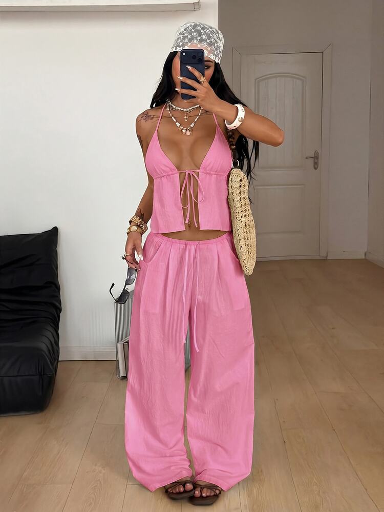 Coolane Women's Spring/Summer Streetwear Country Concert Casual Vintage Boho Beach Outfits Vacation Outfits Western Wear Basic Minimalist 100%Cotton White Halter Top Bikini Tops And Baggy Wide Leg Pants With Pockets Lounge Sets Two Pieces Outfits - Pink - View 4
