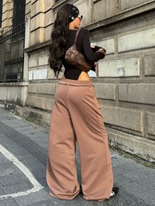 Coolane 女款秋季街頭風休閒外出機場運動休閒日常穿搭摩卡棕寬腿運動長褲，感恩節穿搭 - 棕色 - 查看 5