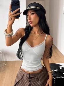 Coolane 女款夏季街頭風休閒可愛日常穿著基礎簡約彈性舒適對比蕾絲白色羅紋針織修身背心上衣 - 白色 - 查看 4