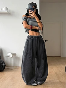 Coolane 女款彈性腰寬腿休閒百搭日常穿著運動褲 - 黑色 - 查看 5