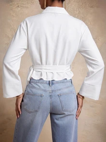 LUMIGAL Blus Pendek Wanita dengan Kerah Model Ikat - Putih - View 2