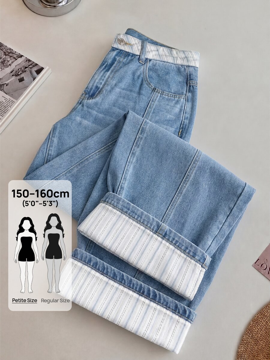 SHEIN PETITE 女款休閒街頭風水洗條紋拼接寬腿牛仔褲 畢業季 適合教師 小學 灰藍色 夏季 - 藍色 - 查看 1