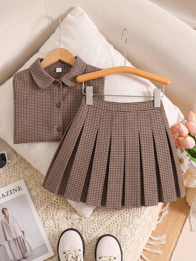 Young Girl Fashion Versatile Kids Woven Solid Color Pleated Fitted Casual Skirt
